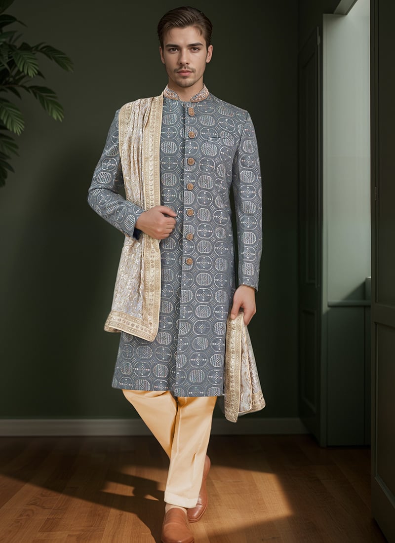 Grey Viscose Georgette Sequins Classic Sherwani Wedding Wear