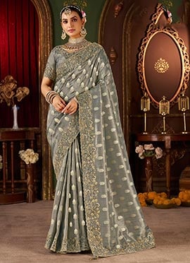 Grey Viscose Jacquard Tissue Zari Embroidered Sequins Beads And Stone Work Saree
