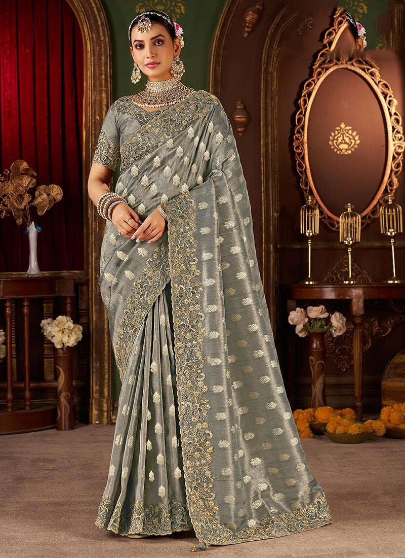 Grey Viscose Jacquard Tissue Zari Embroidered Sequins Beads And Stone Work Saree Wedding Wear