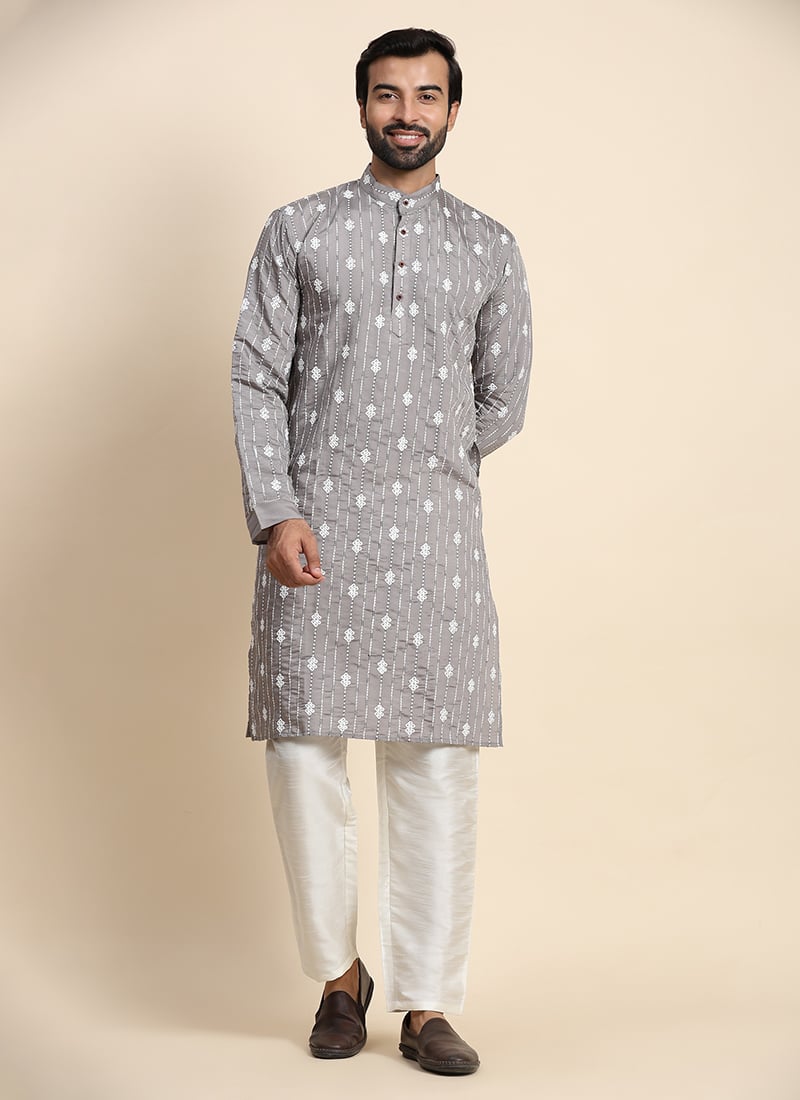 Grey Viscose Rayon Embroidered Kurta