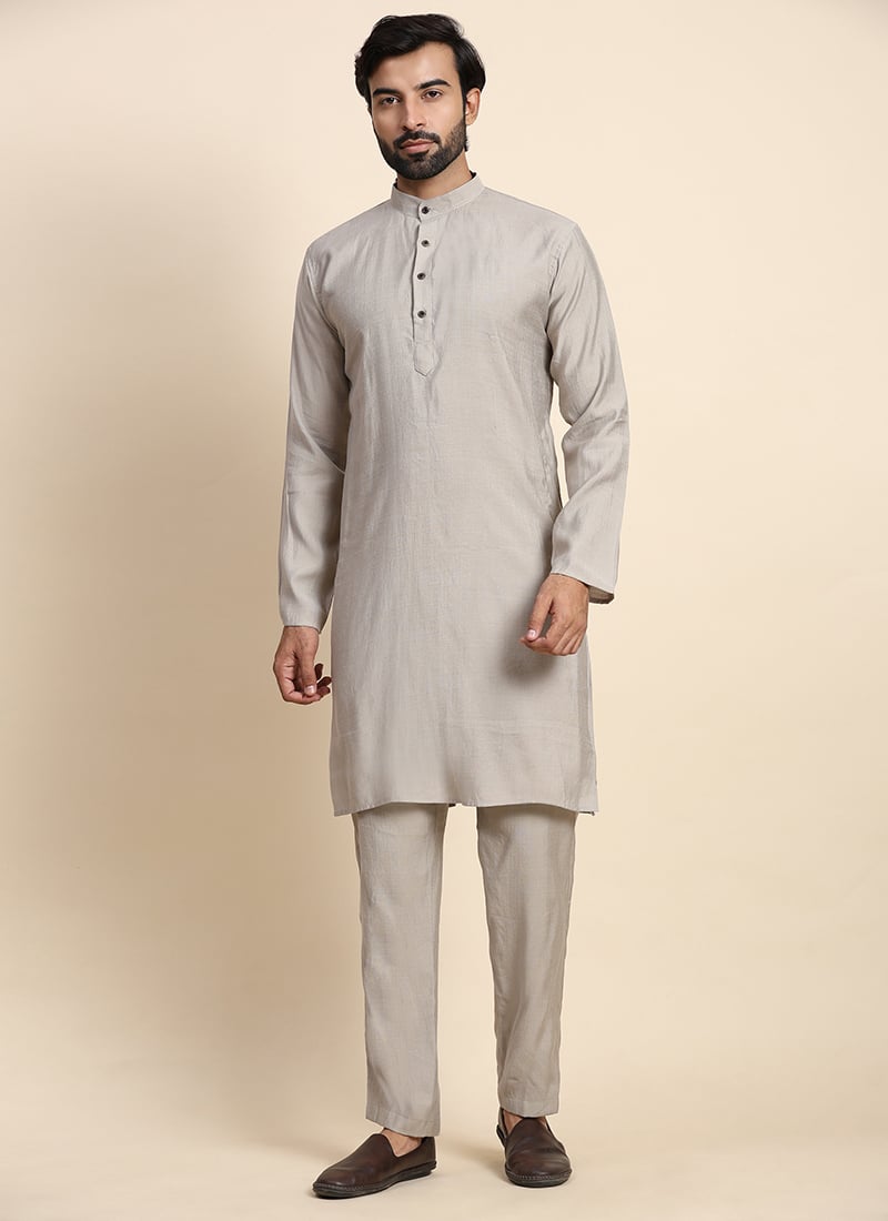 Grey Viscose Rayon Embroidered Kurta