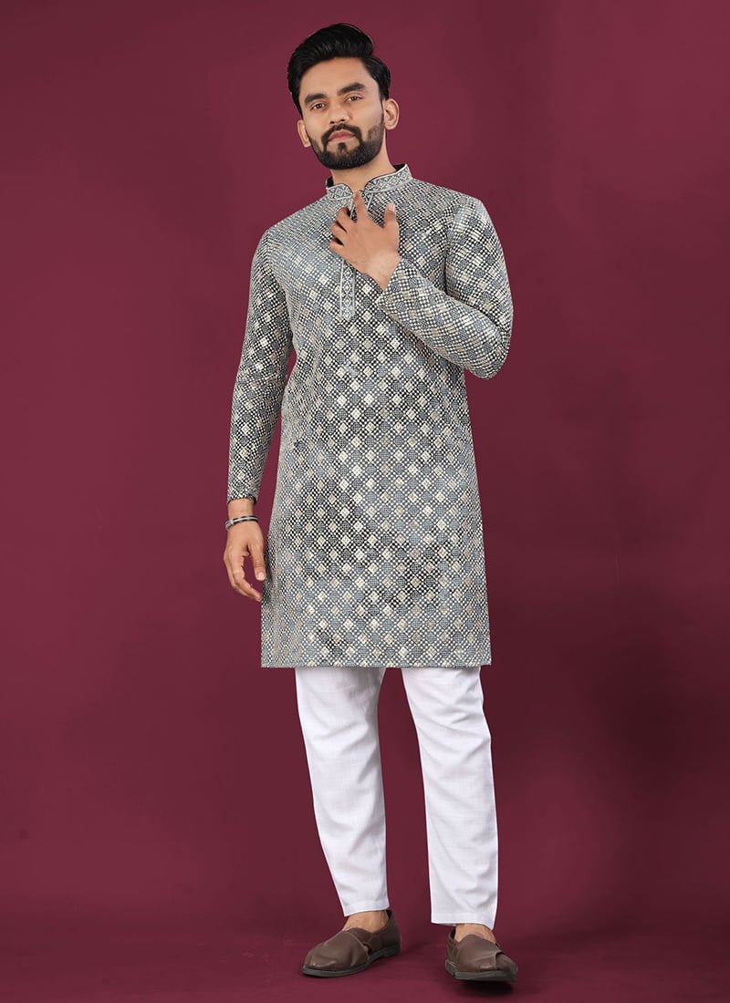 Grey Viscose Rayon Lucknowi Chikankari Sequins Kurta Pyjama Festive Wear