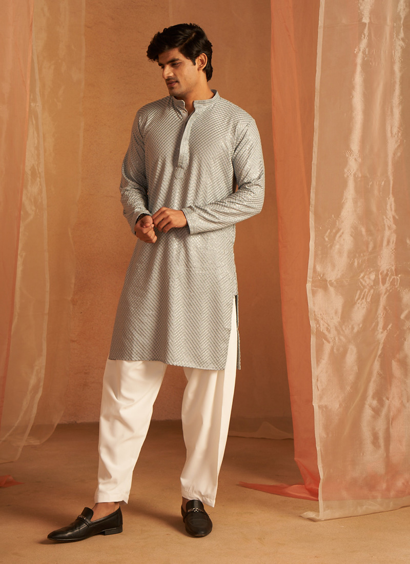 Grey Viscose Sequins Kurta Pyjama Festive Wear