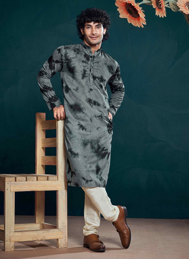 Grey Viscose Sequins Tie And Dye Print Kurta Pyjama