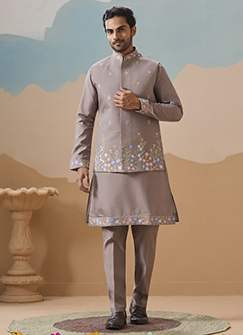 Grey Viscose Silk Embroidered Sequins Bandi Set For Men