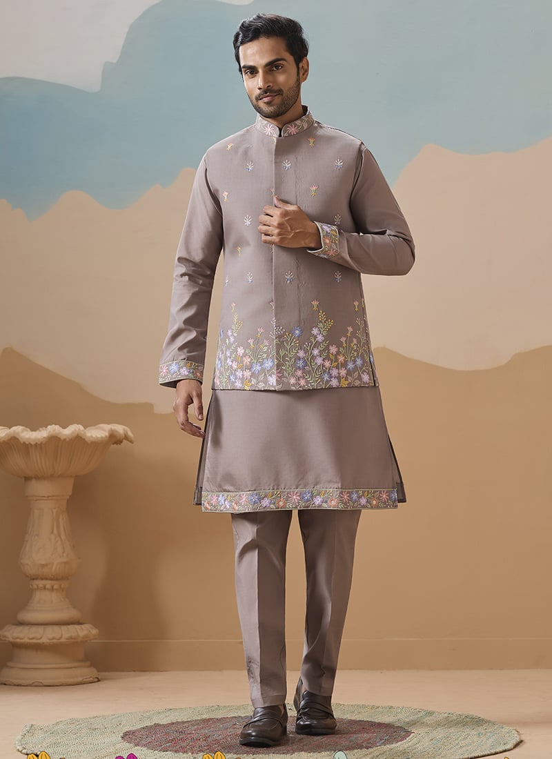 Grey Viscose Silk Embroidered Sequins Bandi Set For Men Festive Wear