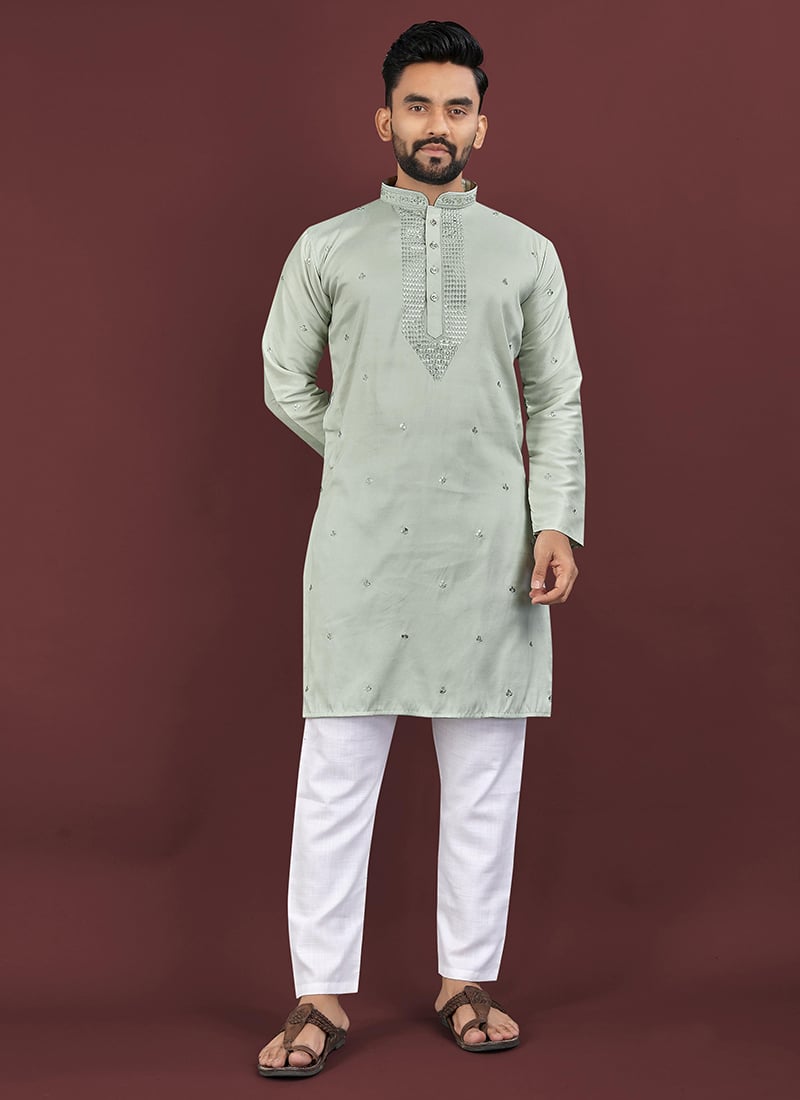 Grey Viscose Silk Embroidered Sequins Kurta Pyjama For Men Festive Wear