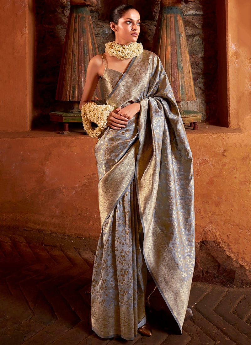 Grey Viscose Silk Jacquard Woven Saree Festive Wear