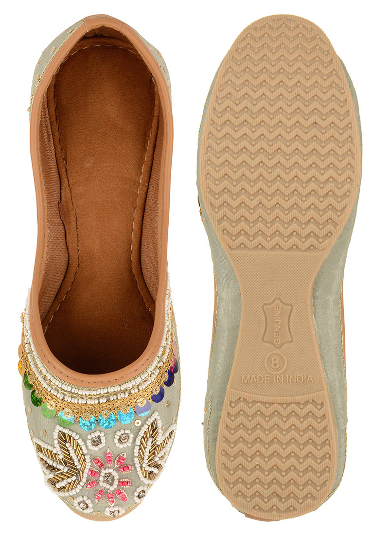 Grey Zardosi Hand Embroidered Sequins With Stone Work Juti