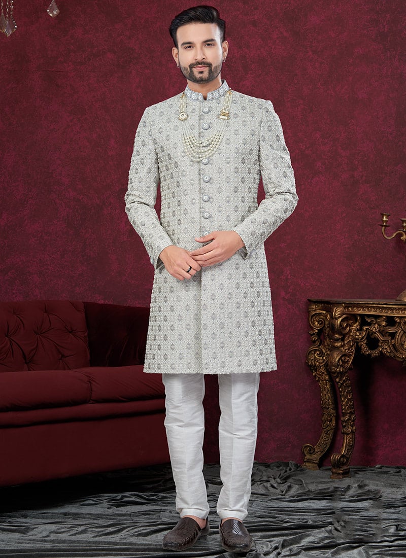 Grey Zari Jacquard Hand Work Indowestern Sherwani Wedding Wear