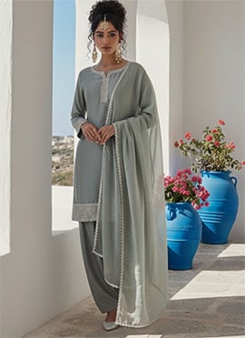 Grey Zari Sequins Silk Salwar Suit