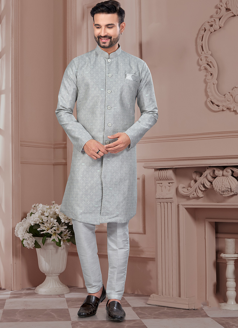 Grey Zari Thread Jacquard Silk Sequins Indowestern Sherwani