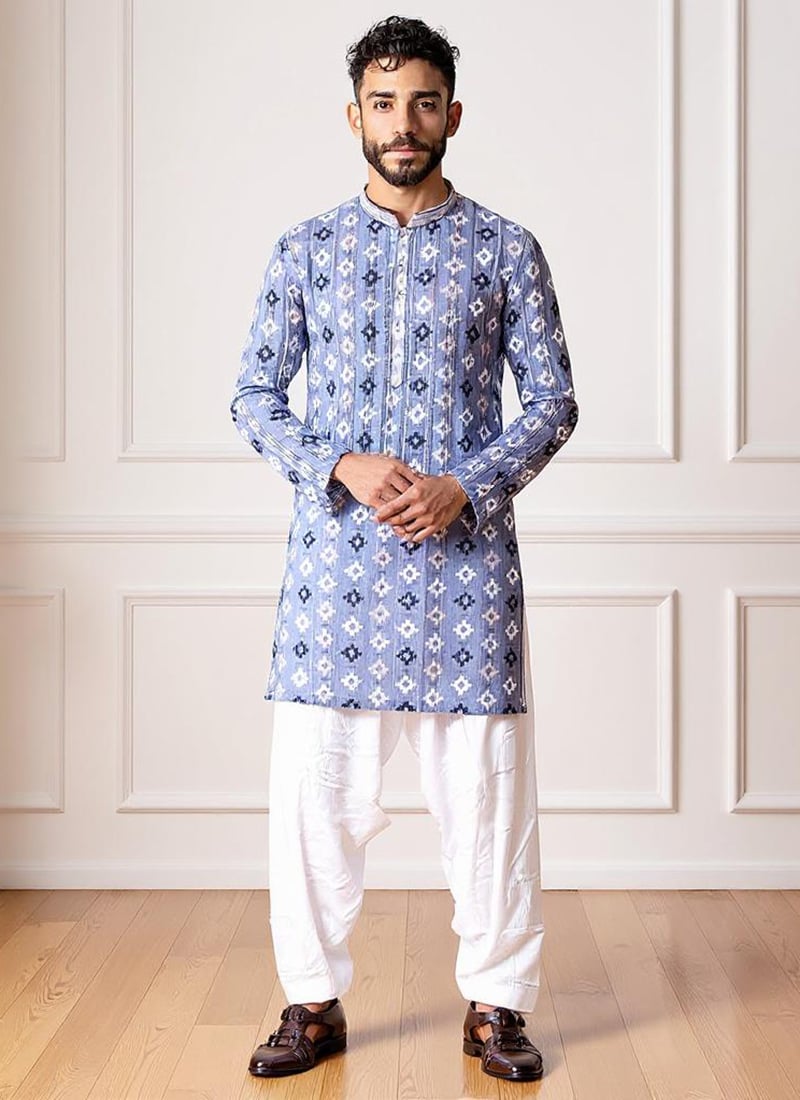 Greyish Blue Art Silk Printed Kurta Pyjama Festive Wear
