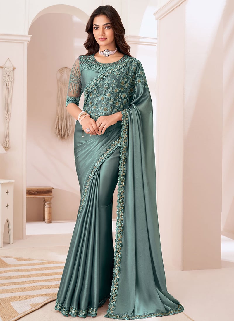 Greyish Blue Embroidered And Sequins With Beads Thread Work Saree Festive Wear