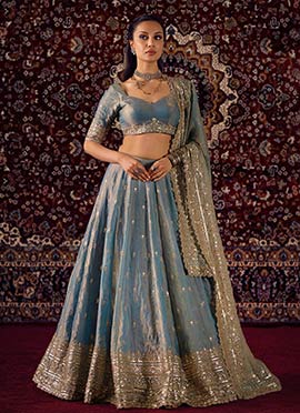 Greyish Blue Fandy Silk Zari Embroidered Sequins Lehenga