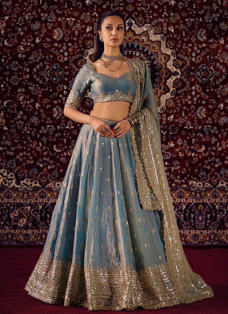 Greyish Blue Fandy Silk Zari Embroidered Sequins Lehenga Wedding Wear
