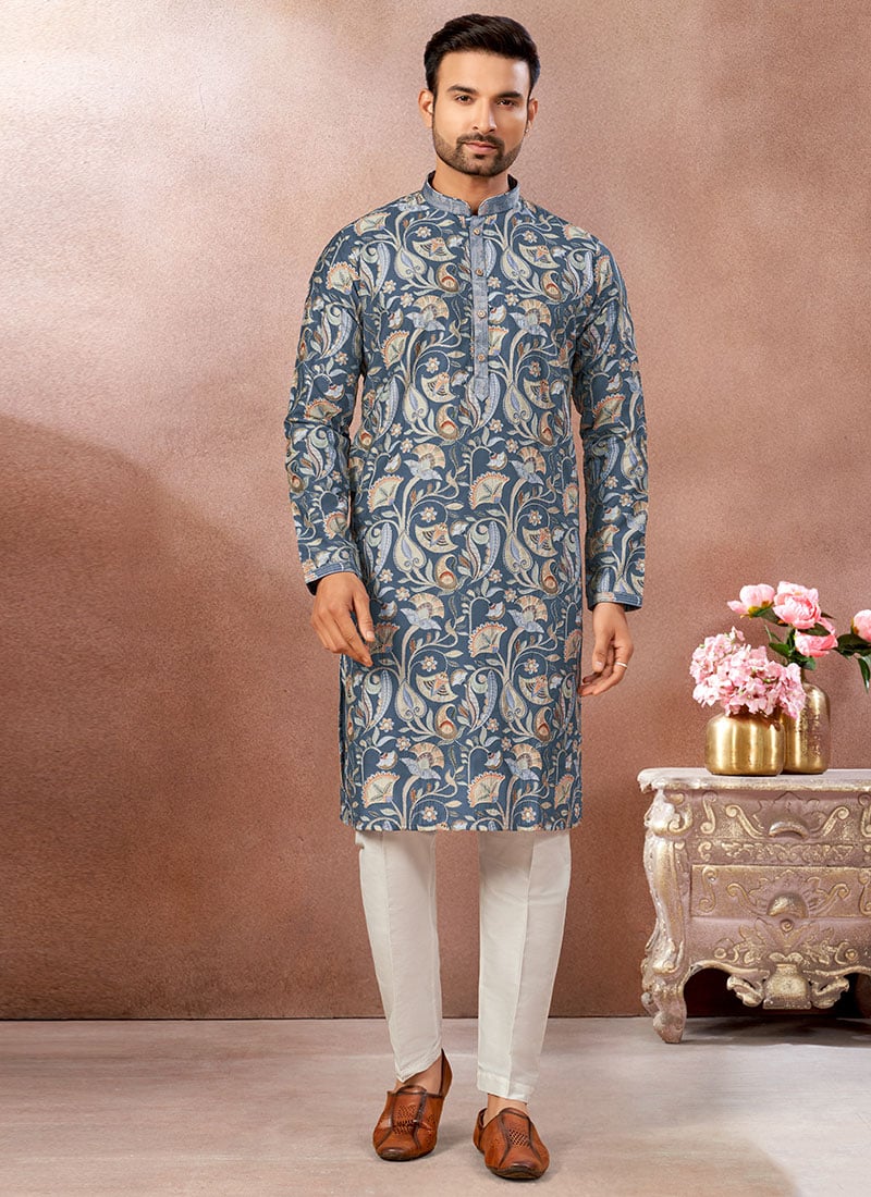 Greyish Blue Silk Zari Embroidered Printed Kurta Pyjama Festive Wear