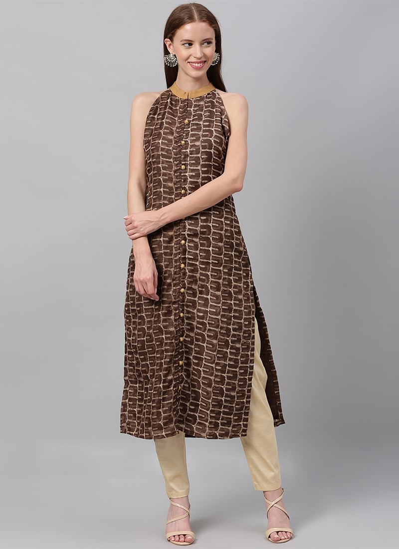 Halter Neckline Brown Cotton Kurti