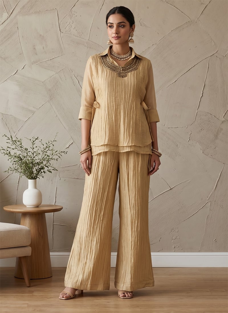 Hand Embroidered Beads Salsa Crushed Indo Western Co Ord Set In Beige Leisure Wear