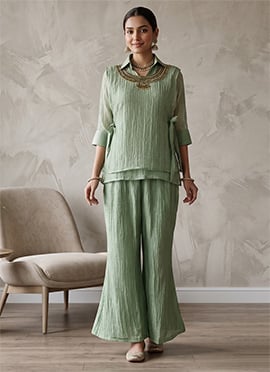 Hand Embroidered Beads Salsa Crushed Indo Western Co Ord Set In Mint Green