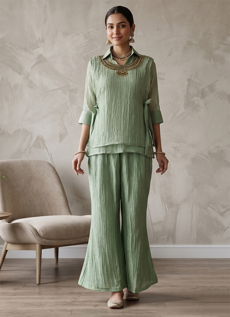Hand Embroidered Beads Salsa Crushed Indo Western Co Ord Set In Mint Green Leisure Wear