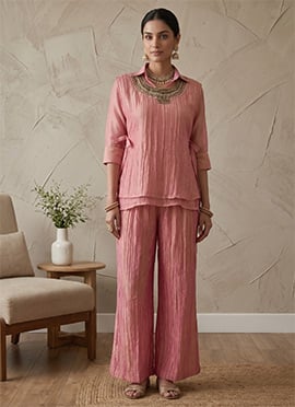 Hand Embroidered Beads Salsa Crushed Indo Western Co Ord Set In Pink