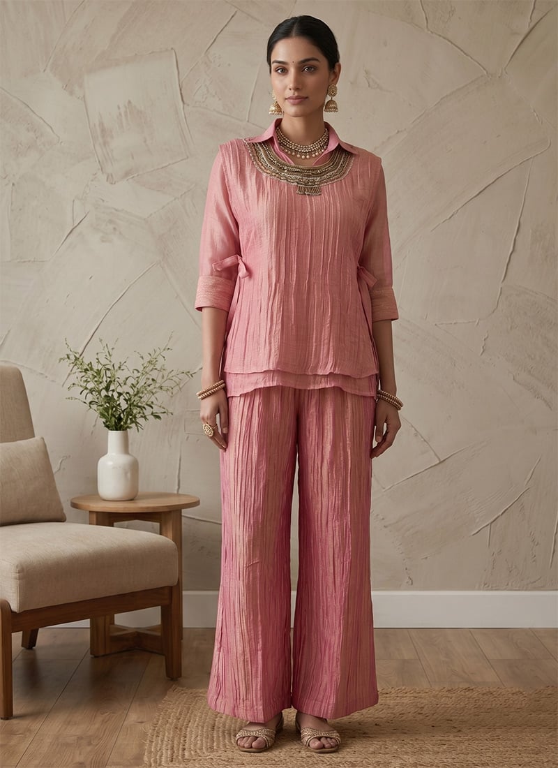 Hand Embroidered Beads Salsa Crushed Indo Western Co Ord Set In Pink Leisure Wear