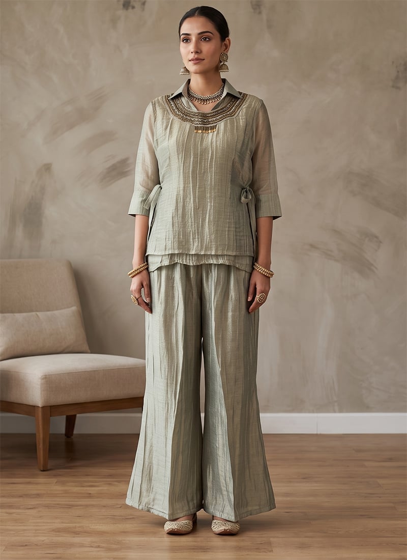 Hand Embroidered Beads Salsa Crushed Indo Western Co Ord Set In Sage Grey Leisure Wear