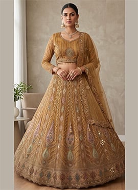 Hand Embroidered Net Lehenga In Earthy Brown