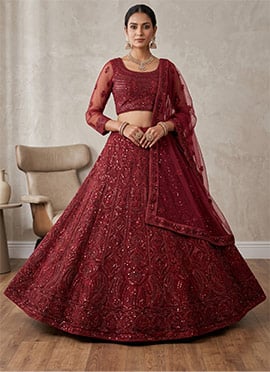 Hand Embroidered Net Umbrella Lehenga in Maroon