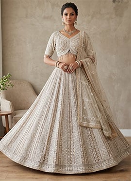 Hand Embroidered Sequins Moti Work Net Lehenga In Beige