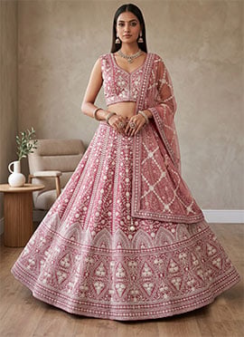 Hand Embroidered Sequins Moti Work Net Lehenga In Onion Pink