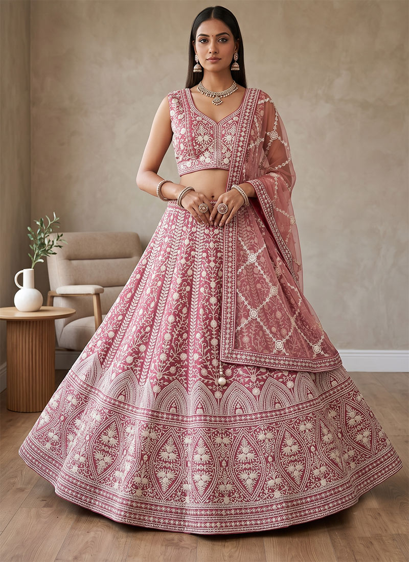 Hand Embroidered Sequins Moti Work Net Lehenga In Onion Pink After Six Wear