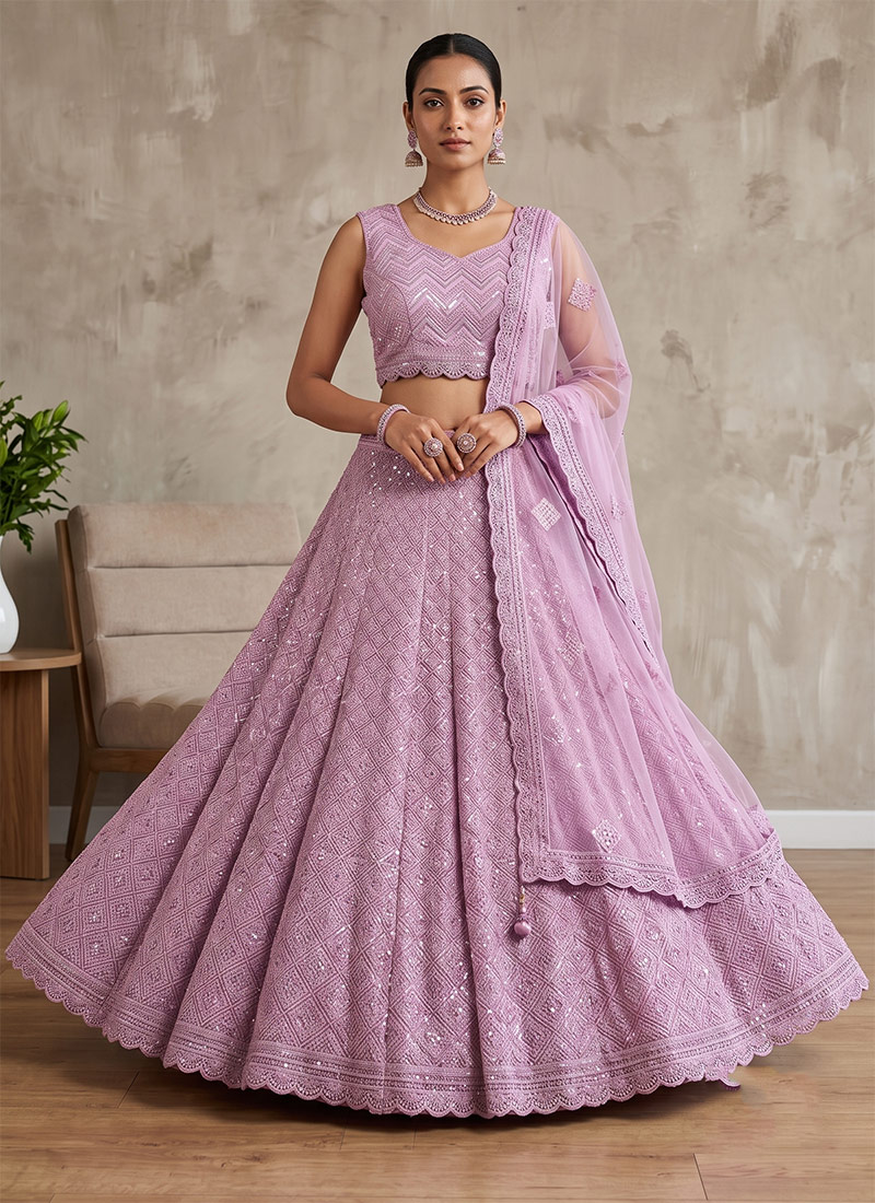 Hand Embroidered Sequins Net Lehenga In Lavender After Six Wear
