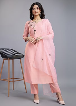 Hand Work And Beads Soft Cotton Straight Pant Suit