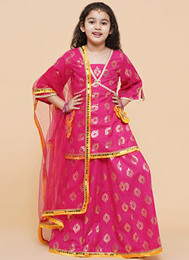 Handcrafted Blended Cotton Foil Printed Kids Girls Umbrella Lehenga