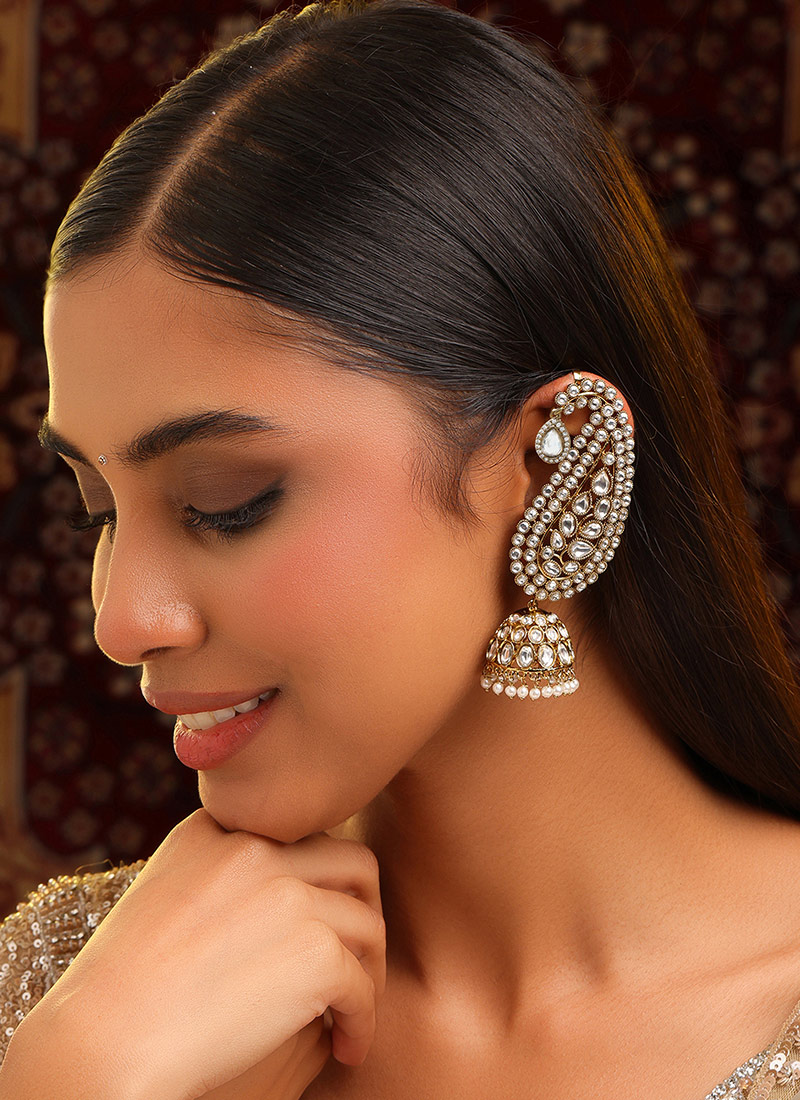 Heirloom White Kundan Beads Jhumka Festive Wear