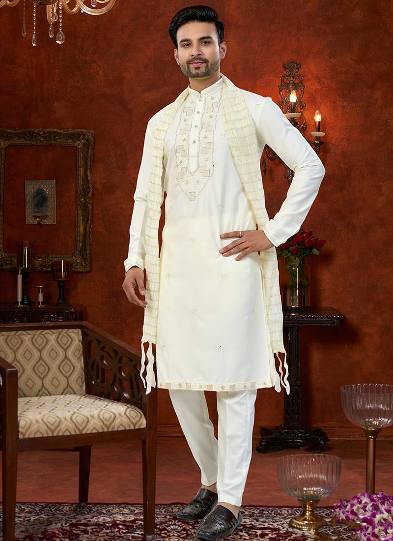 Heritage Cream Malai Silk Embroidered Cutdana Thread Kurta Pyjama Festive Wear