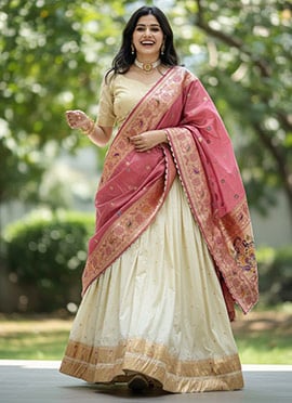 Heritage Cream Paithani Silk Patola Print Umbrella Lehenga