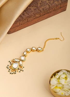 Heritage Green Brass Kundan Beads Mangtikka