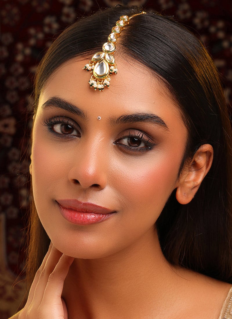 Heritage Green Brass Kundan Beads Mangtikka Wedding Wear