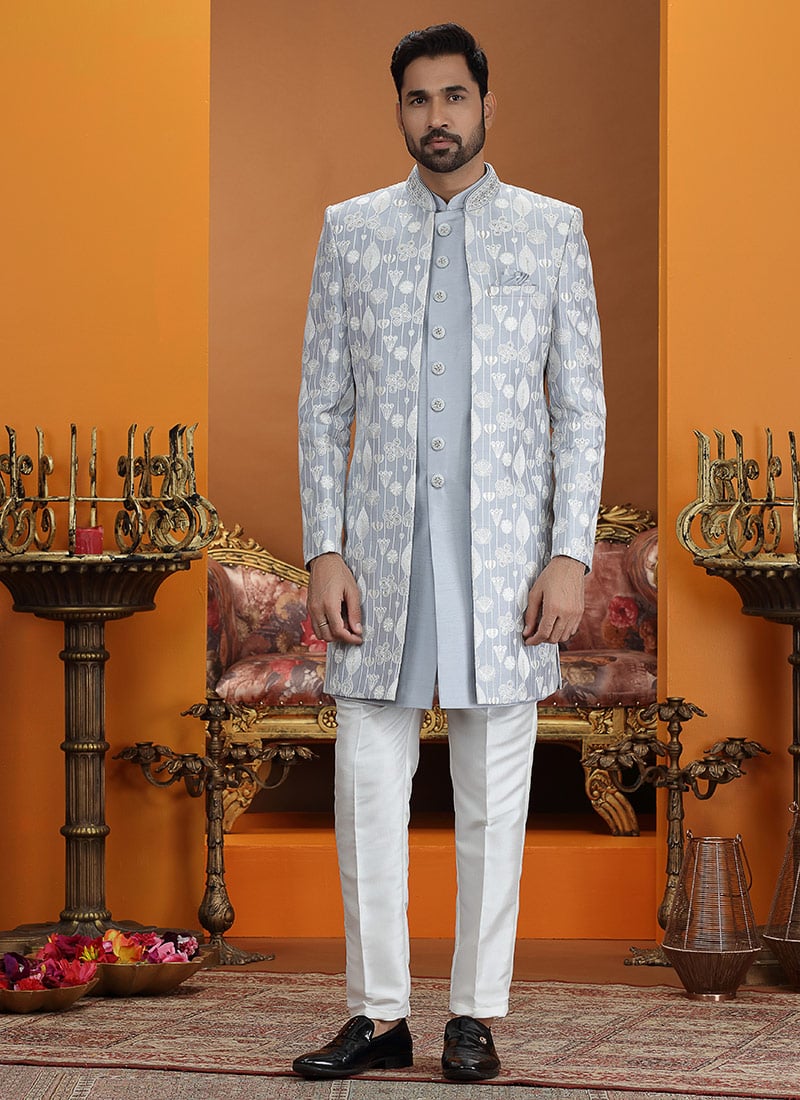 Heritage Grey Silk Sequins Embroidered Thread Indowestern Sherwani Wedding Wear