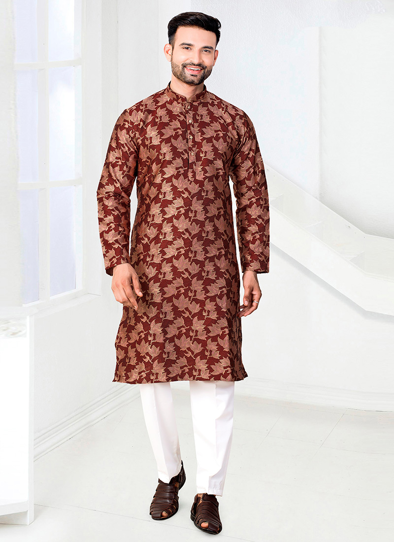 Heritage Maroon Jacquard Silk Printed Kurta Pyjama Festive Wear