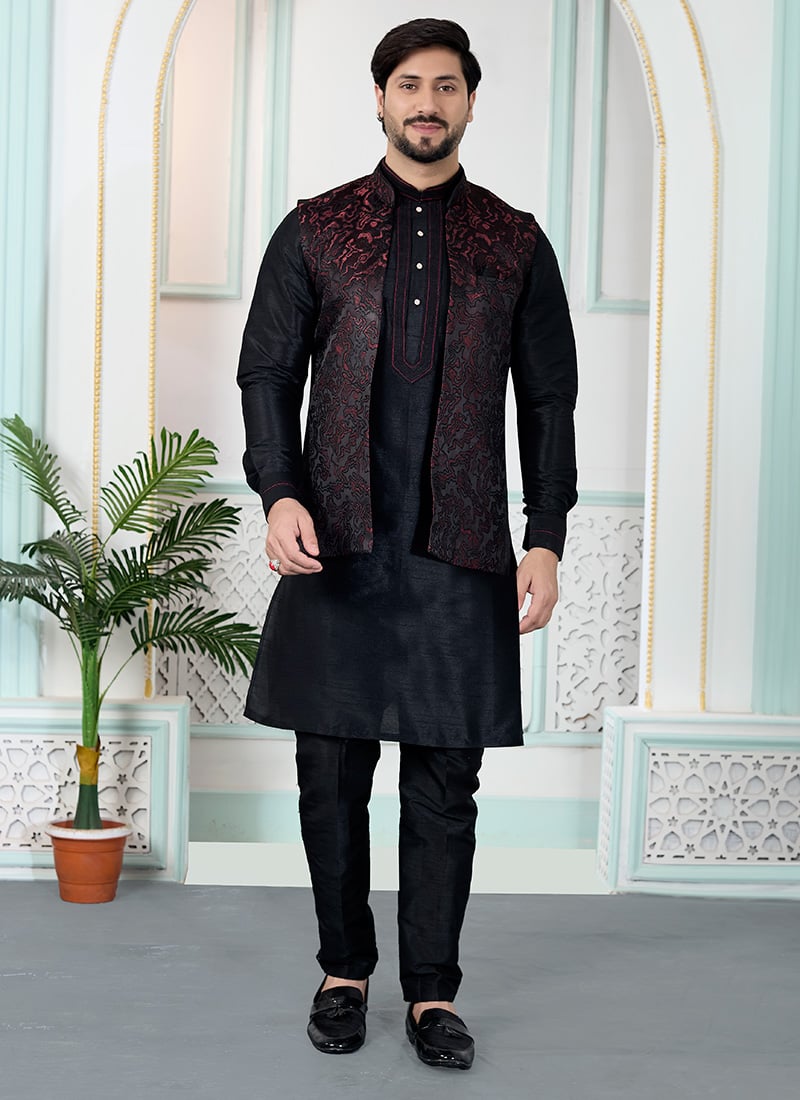 Heritage Maroon Satin Blend Jacquard Bandhgala Jacket