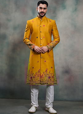 Heritage Mustard Silk Zari Embroidered Thread Indowestern Sherwani