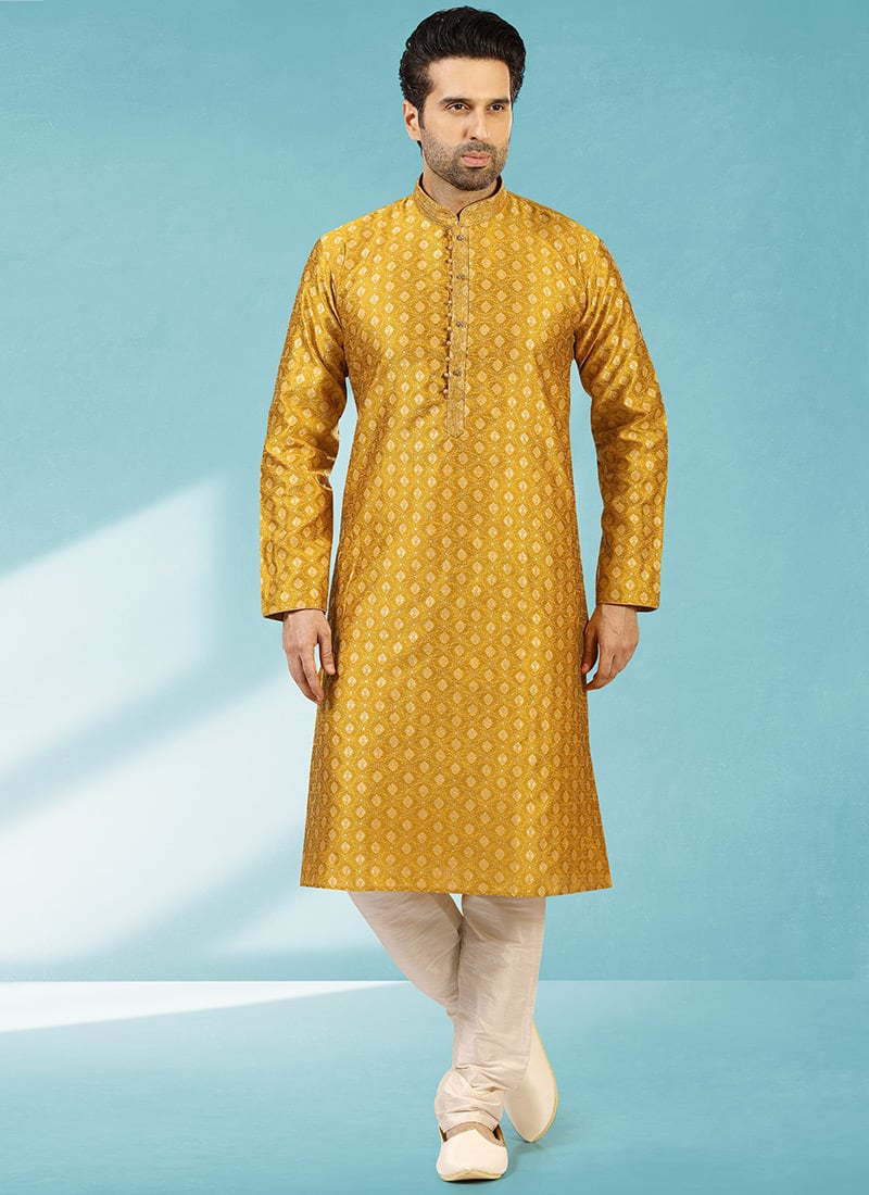 Honey Yellow Jacquard Silk Brocade Kurta Pyjama Party Wear