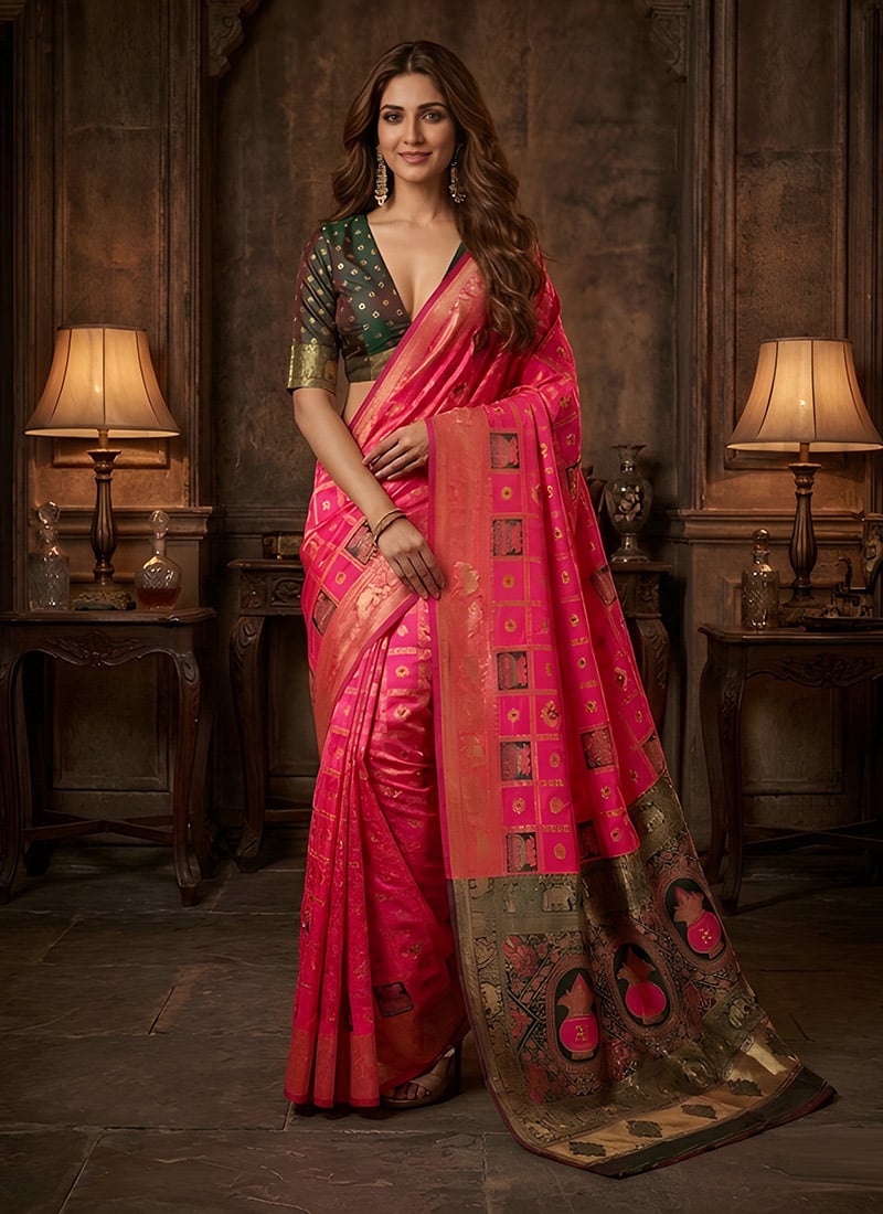 Hot Pink Banarasi Silk Zari Saree Festive Wear