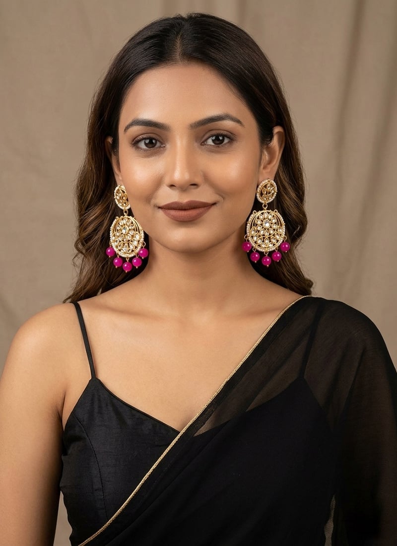 Hot Pink Bead Floral Medallion Kundan Danglers After Six Wear