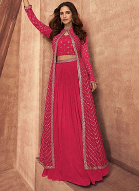 Hot Pink Chinon Embroidered Sequins Indowestern Long Jacket Skirt Set