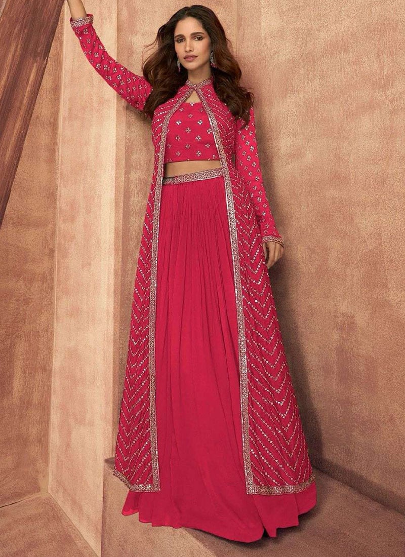 Hot Pink Chinon Embroidered Sequins Indowestern Long Jacket Skirt Set After Six Wear